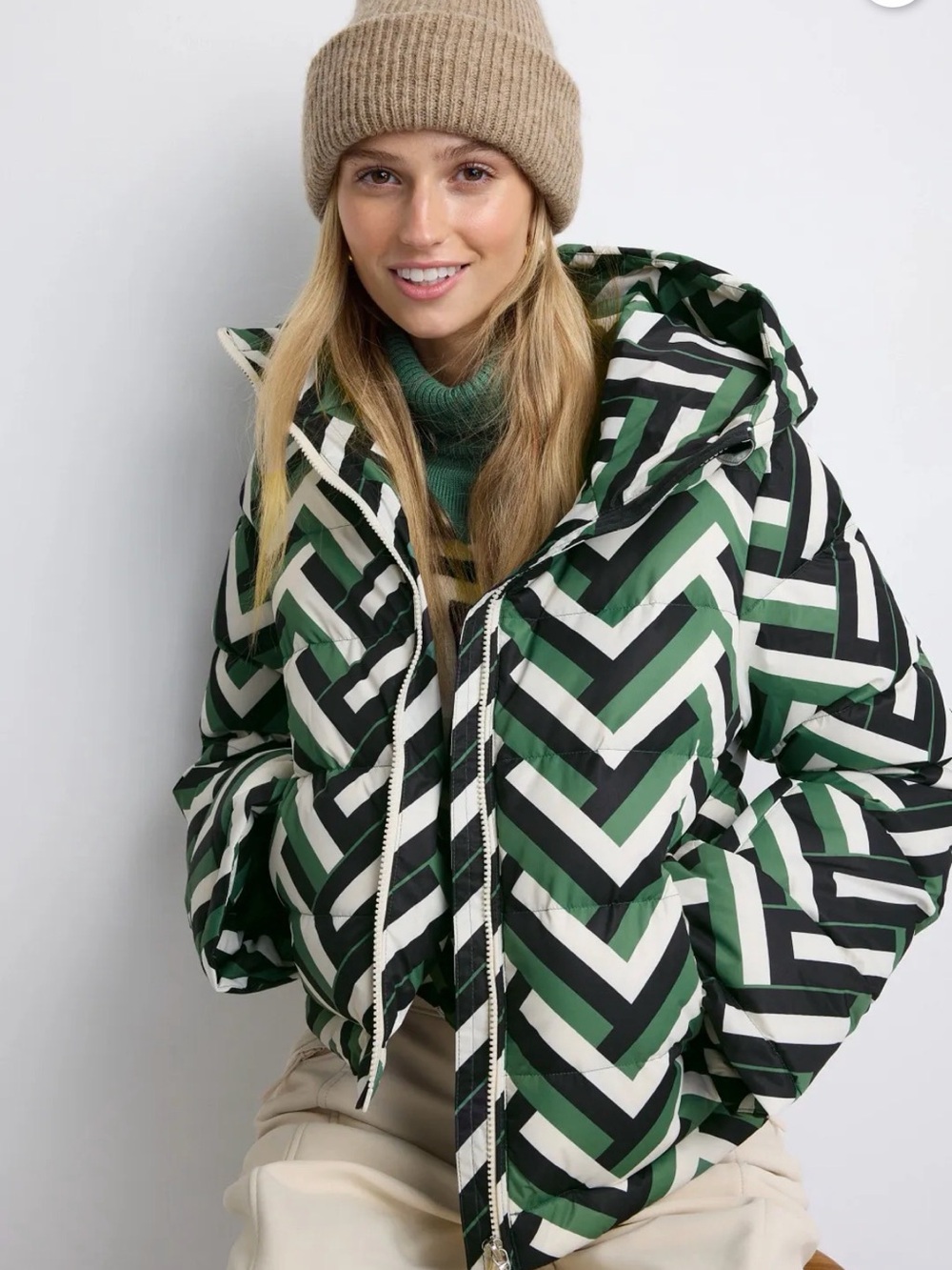 Perfect Moment Chevron-Print Puffer Jacket in Green, Black & White